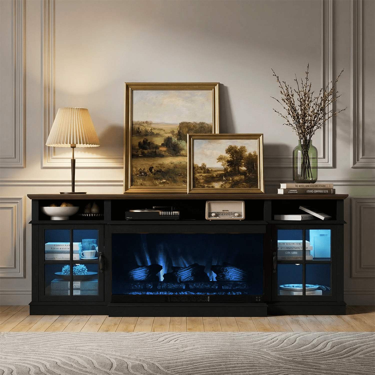 BaPiPro 70" Farmhouse Fireplace TV Stand for TVs Up to 80", Entertainment Center with 3-Sided 36" Electric Fireplace & LED Lights, 2 Drawers & 2 Storage Cabinet, Black