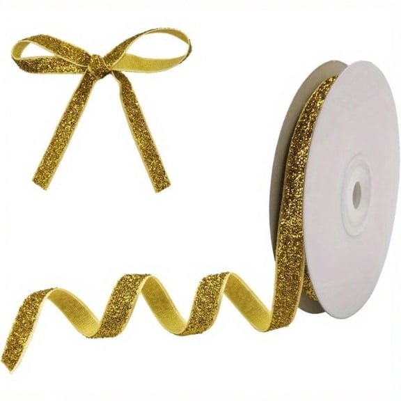 1 PCS Velvet Ribbon 0.4 Inch x 30 Feet, Glitter Gold Velvet Wired Ribbon for Gift Wrapping, DIY Crafts, Hair Bows, Choker, Wedding Flower, Bouquet, Wreath, Tree Decoration