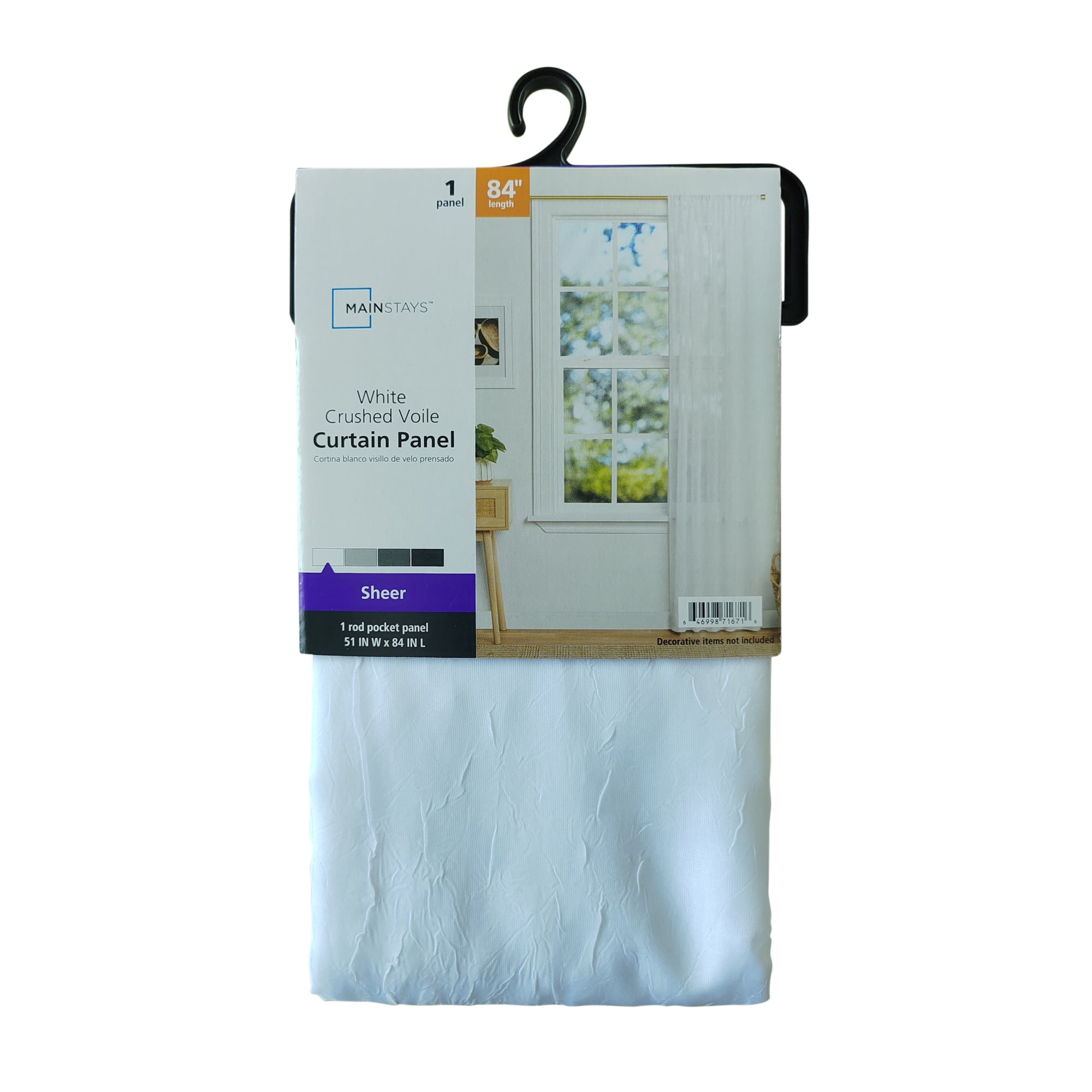 Mainstays Crushed Voile White Sheer Pole top Single Curtain Panel, 51" W x 63" L
