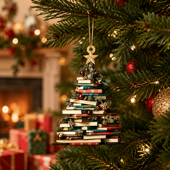 Christmas Tree Decorations Book Stack Design Hanging Holiday Decor With Mini Book Shape And Star Accent For Xmas Tree Home Shelf yellow