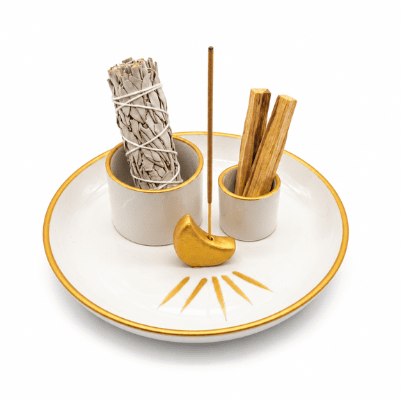 Incense Holder 4 in 1 Incense and Candle Holder for Burning Sage Palo Santo Ceramic Ash Catcher Tray for Meditation Room 5.9" Gold