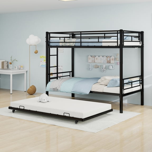 Kdymod Triple Bunk Bed Twin over Twin with Twin Trundle, Bunk Bed with Convertible 2-in-1 Design, Metal Bunk Bed Frame with Ladder & Safety Guardrail, Space-Saving for Teens and Adults, Black