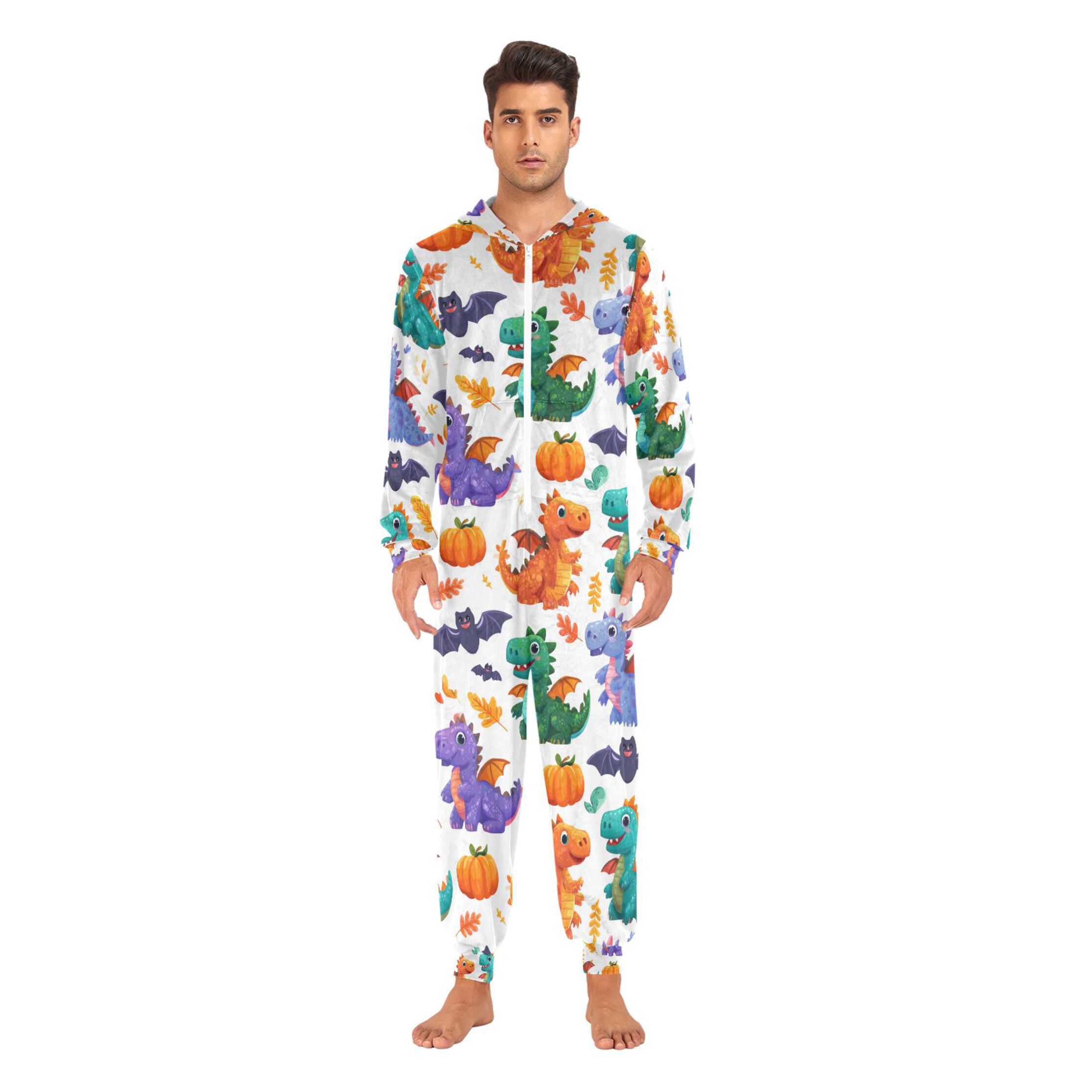 Adult Christmas Onesie Cute Cartoon Dinosaur Adult Zipper One-Piece Pajamas Unisex Pajamas with Pockets