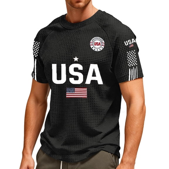 Zimjoy USA 250 Anniversary Men's Waffle T Shirts Patriotic Crew Neck Short Sleeve T-shirts Flag Print Independence Day Tee Shirts, Black L