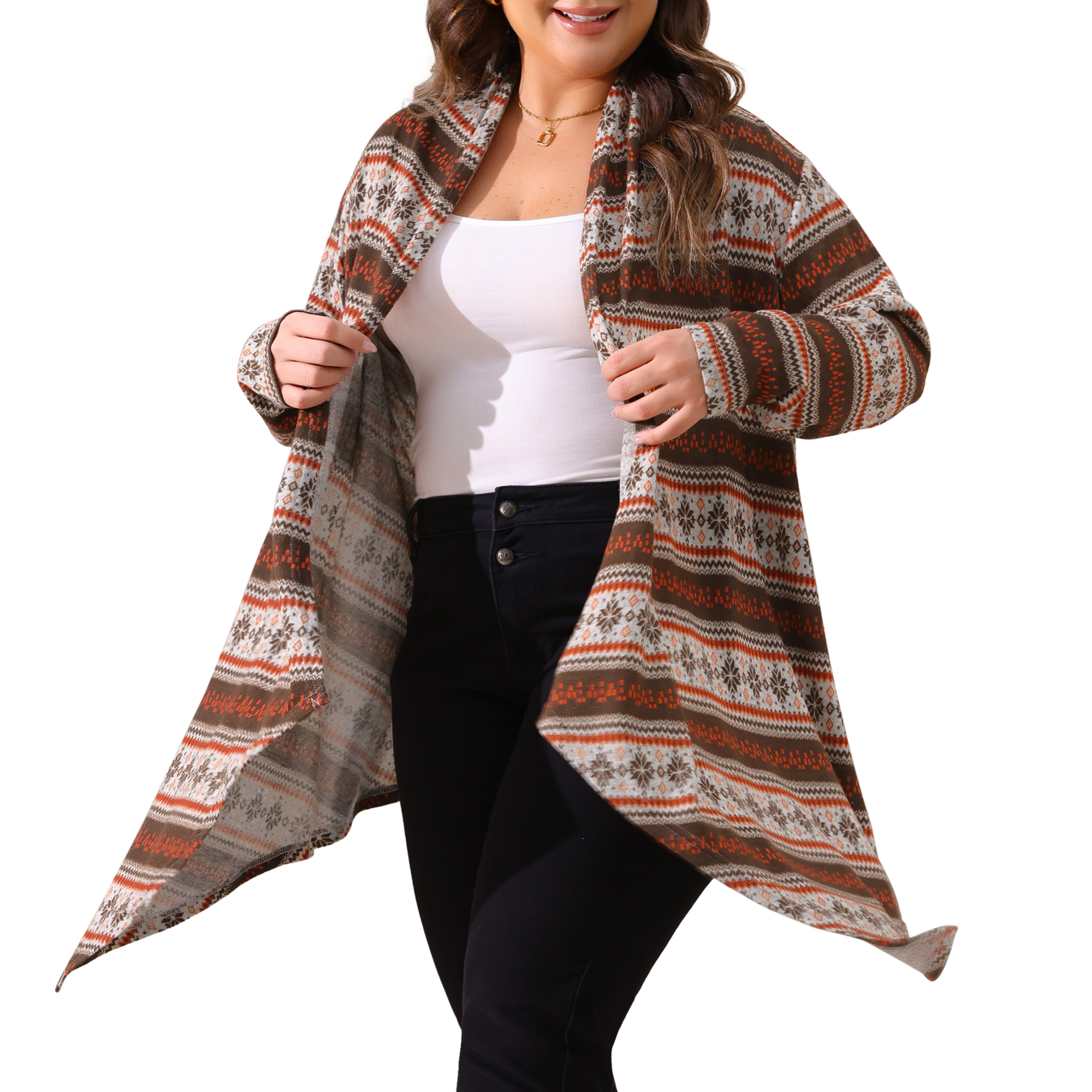 DARING DIVA Plus Size Front Open Lightweight Striped Long Sweaters 1X Brown