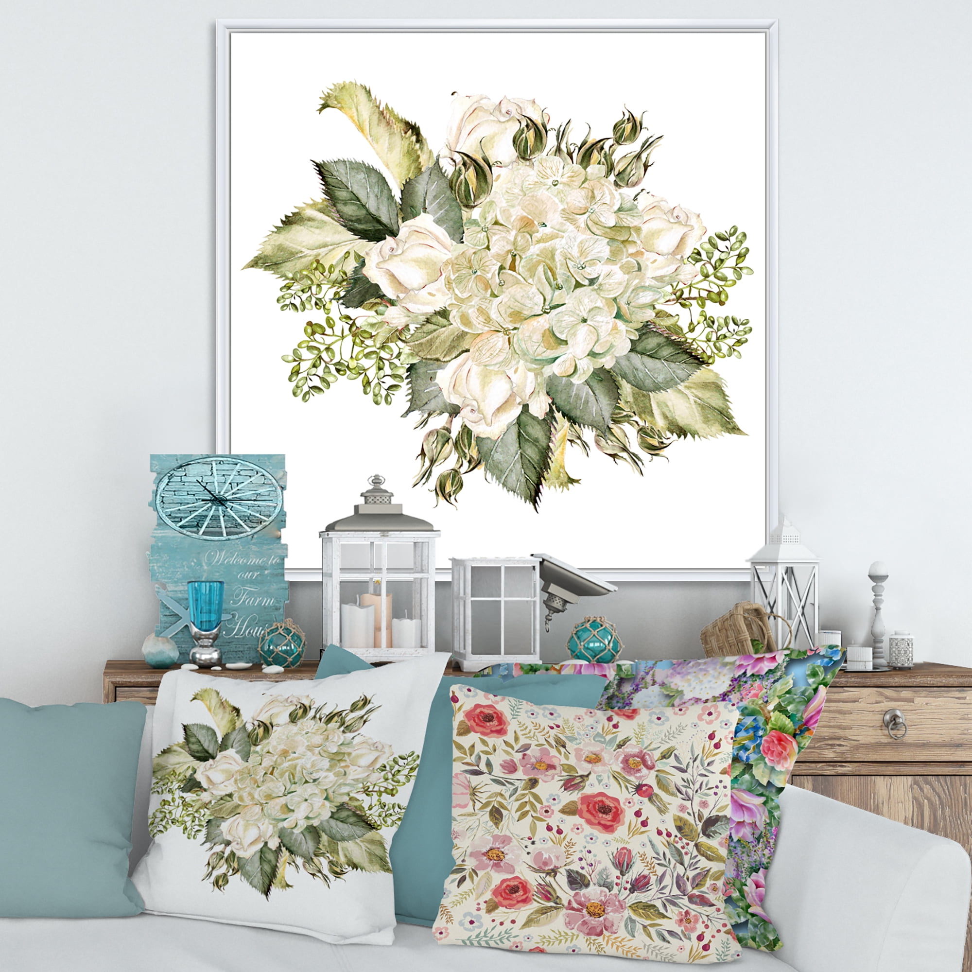 Designart 'Beautiful Bouquet With Roses and Hudrangea' Farmhouse Framed Canvas Wall Art Print