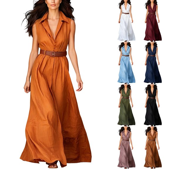 Women Sleeveless Collared Shirt Maxi Dress, Button Front Waist Belted Wrap Long Dress, Solid Color Slim Fit Casual Commuter Sundress White XL(XL)