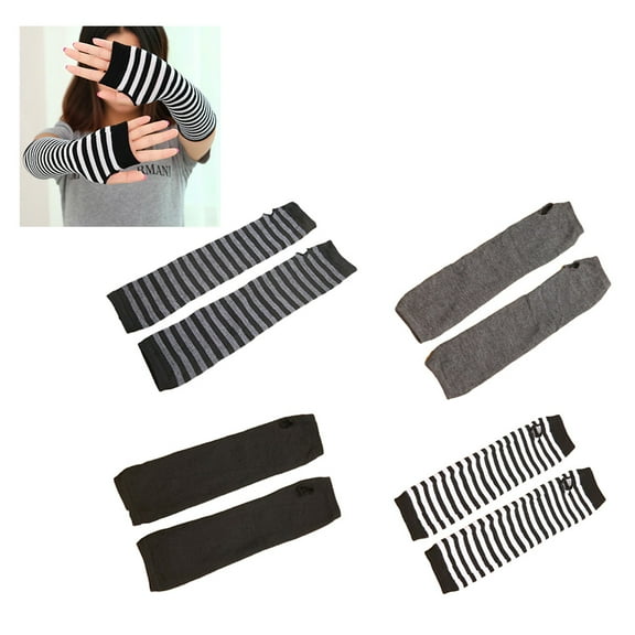 HAMPPLIES Fingerless Gloves 4Pairs Black and Dark Gray Stripes Ladies Knit Arm Warmers Winter