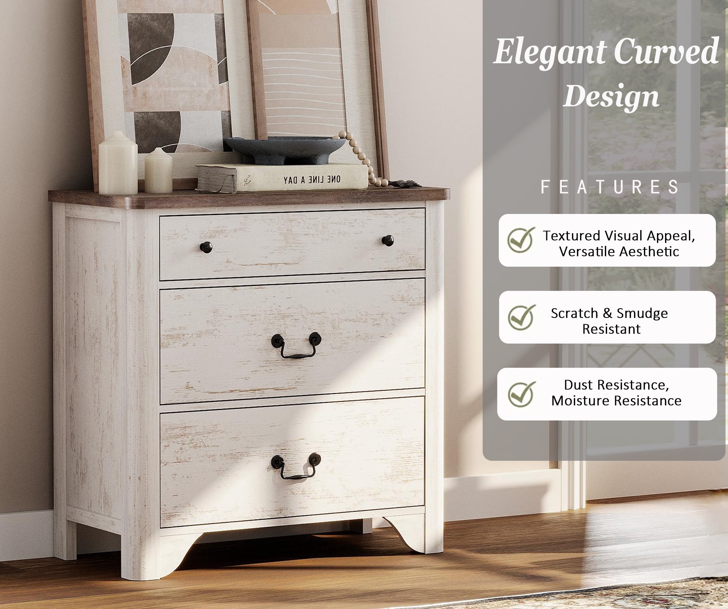 WAMPAT Farmhouse Nightstand with 3 Drawers, Large Wood Bedside Table Night Stand for Living Room, Bedroom, White
