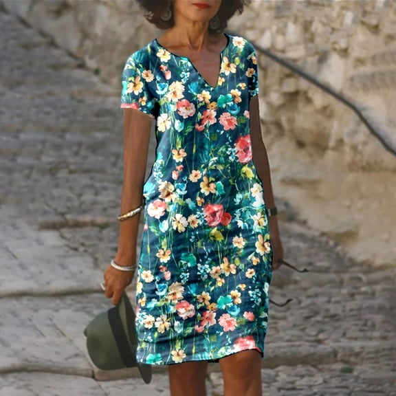 Taylonsss Women's Summer Loose Casual V-Neck Printed Short Sleeve Dresses