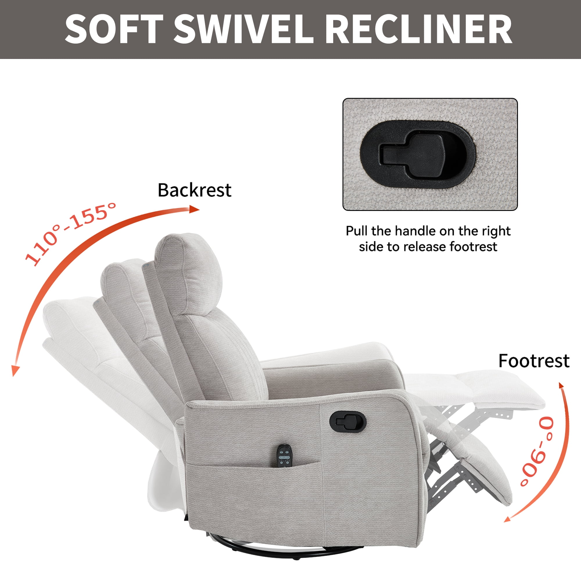 Leumius Manual Swivel Rocker Recliner Chair for Adults,Overstuffed Reclining Glider Chair with Vibration Massage & Heat,Upholstered Recliners with Side Pockets for Living Room,Light Gray Chenille