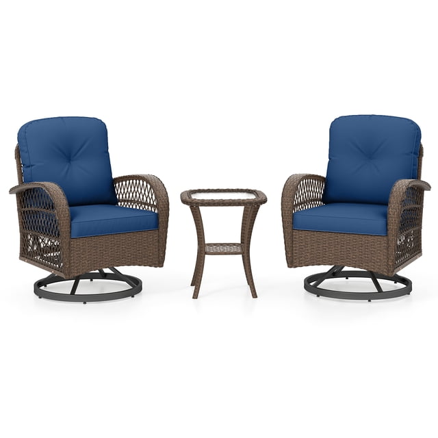 Gymax 3PCS Patio Swivel Rocker Set Gliding Bistro Furniture Set w/Tempered Glass Table