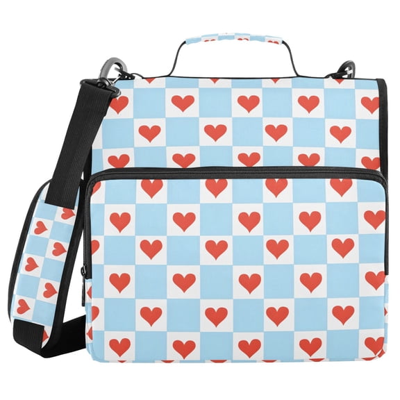 FORMRS Zipper Binder with Shoulder Strap 2-inch Ring 500 Sheet Capacity File Bag, Light Blue Checkered Heart