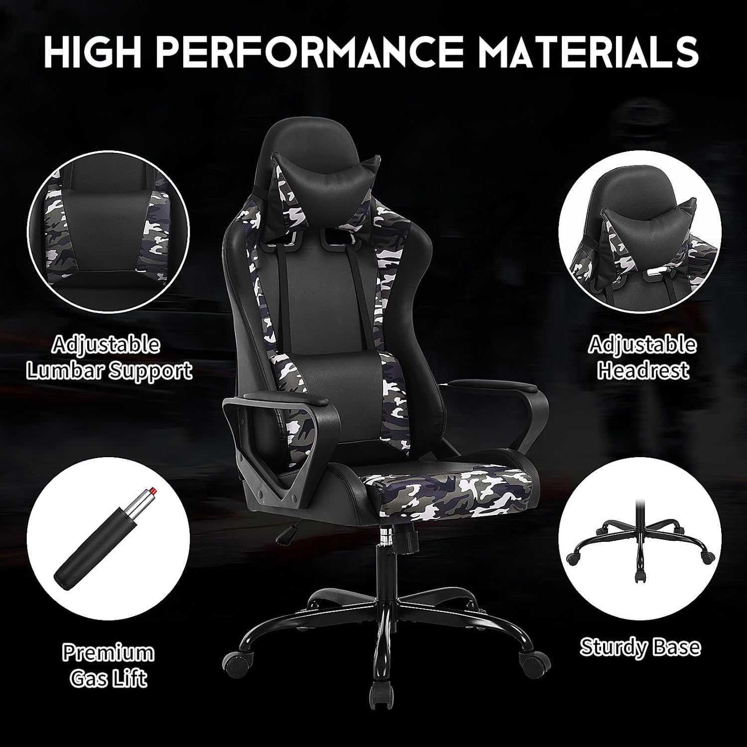 Dkelincs High Back Gaming Chair Racing Office Chair Leather Ergonomic Computer Chair Adjustable Swivel Rolling Desk Chair for Adults Teens, Camo