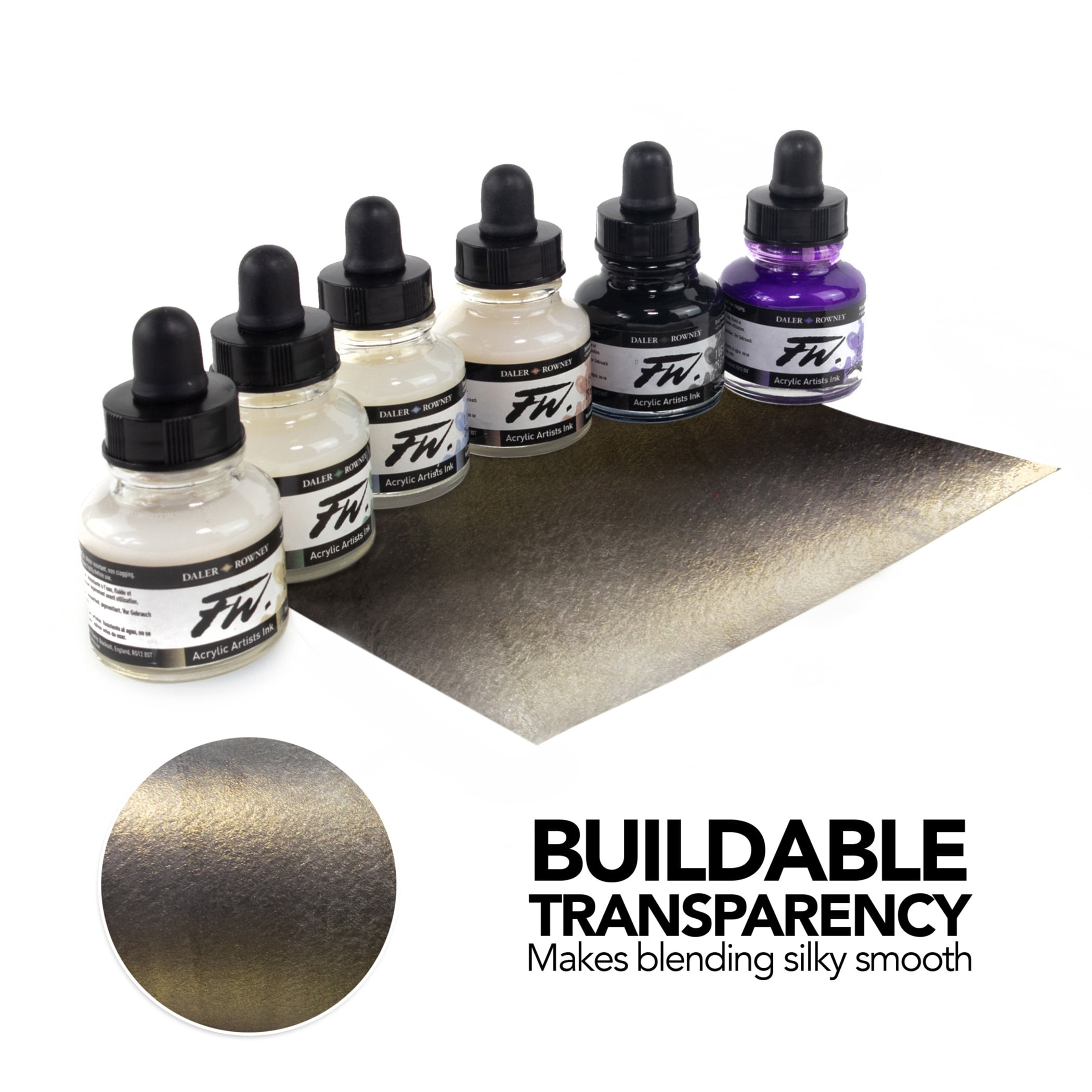 Daler-Rowney FW Acrylic Ink Shimmering Set with Empty Marker, Assorted Colors, 29.5ml, 6 Pieces