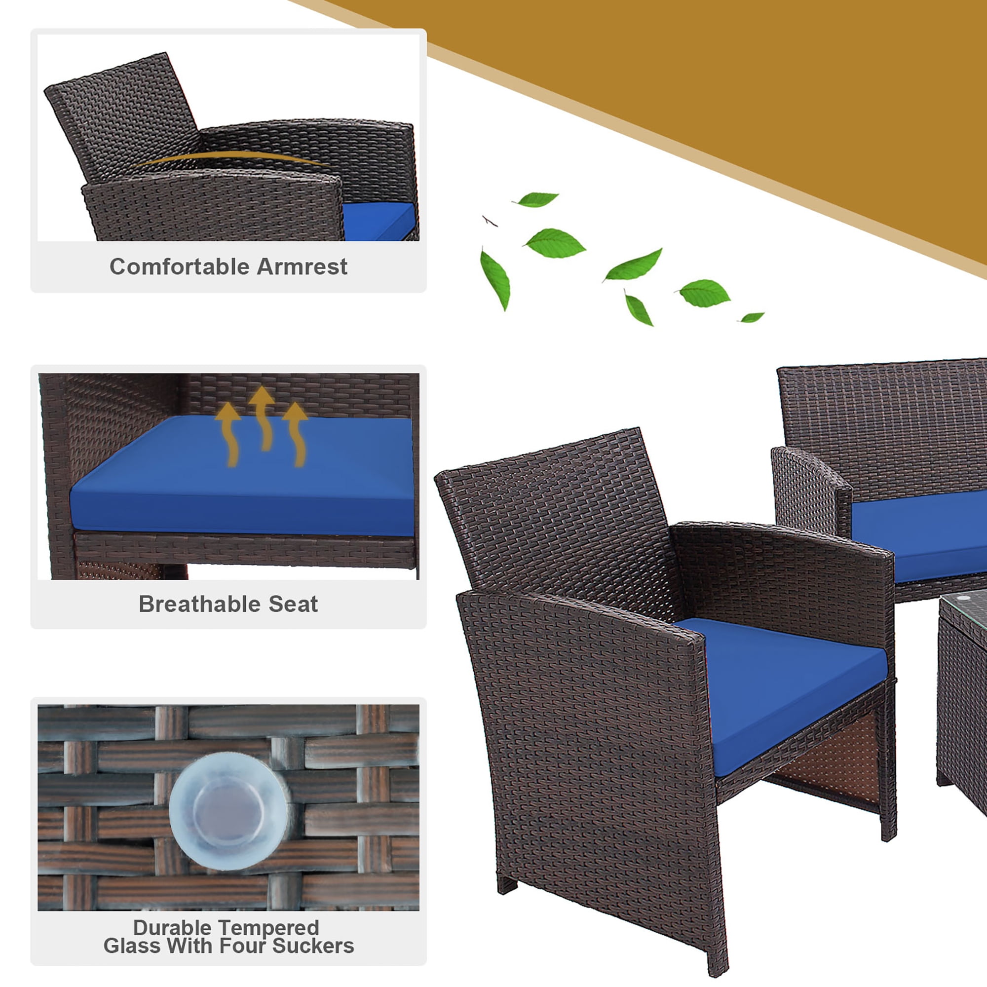 Costway 8PCS Patio Rattan Furniture Set Cushioned Chair Sofa Coffee Table Navy