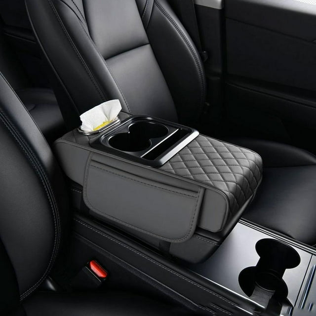 Multifunctional PU Leather Car Armrest Storage Box & Organizer, Height Increasing Console Pad with Cup Holder, Paper Towel Dispenser, Side Pockets for Vehicle Interior