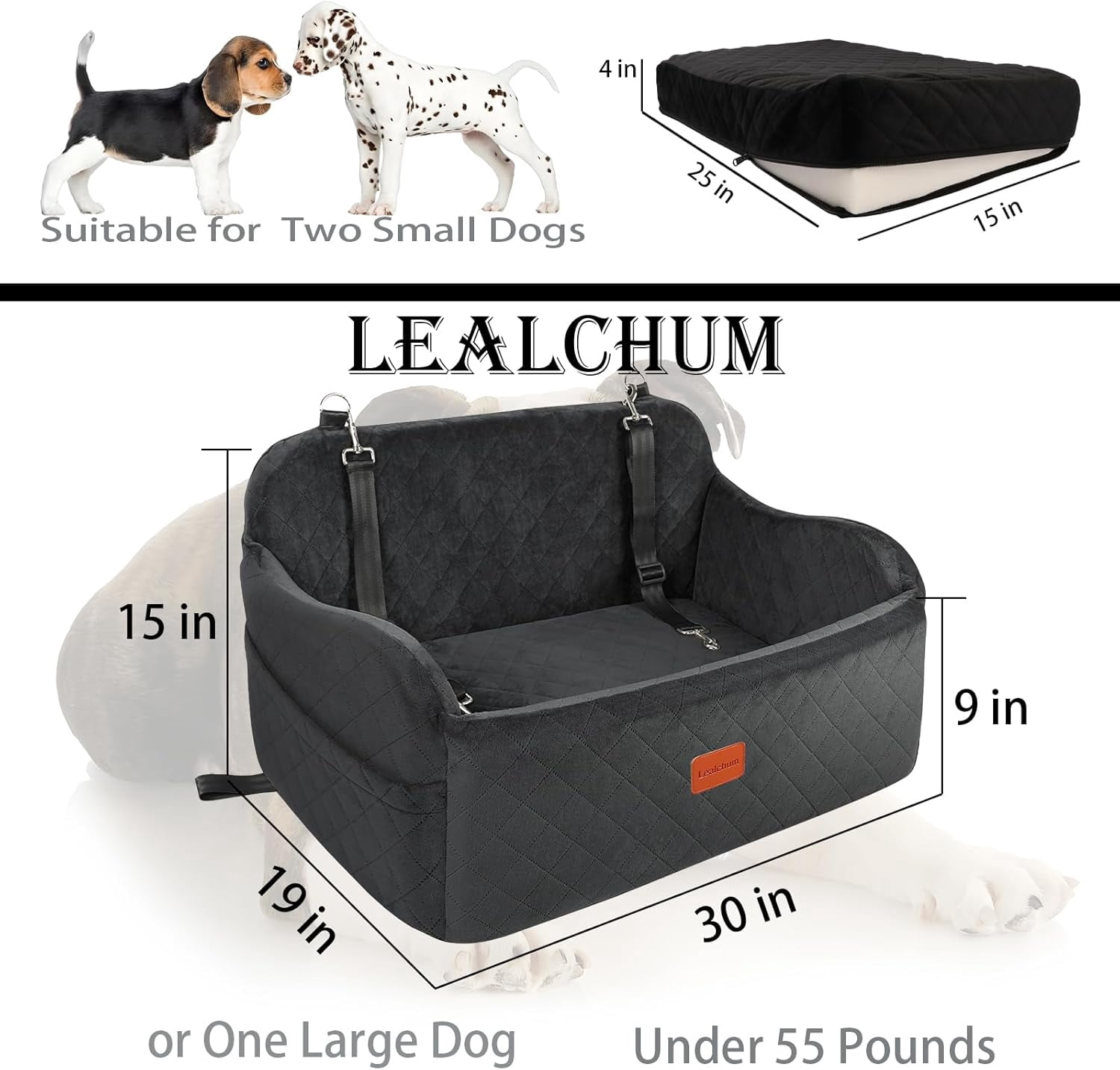 Lealchum Large Dog Car Seat,Memory Foam Cushion Car Seat for 2 Small Dogs,Medium dog car seat(Black)