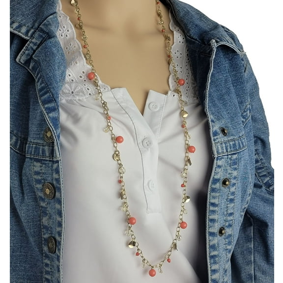 Coral Color Beaded Fringe Dangle Gold Tone Chain Necklace 38"-41" Ladies Adult Female