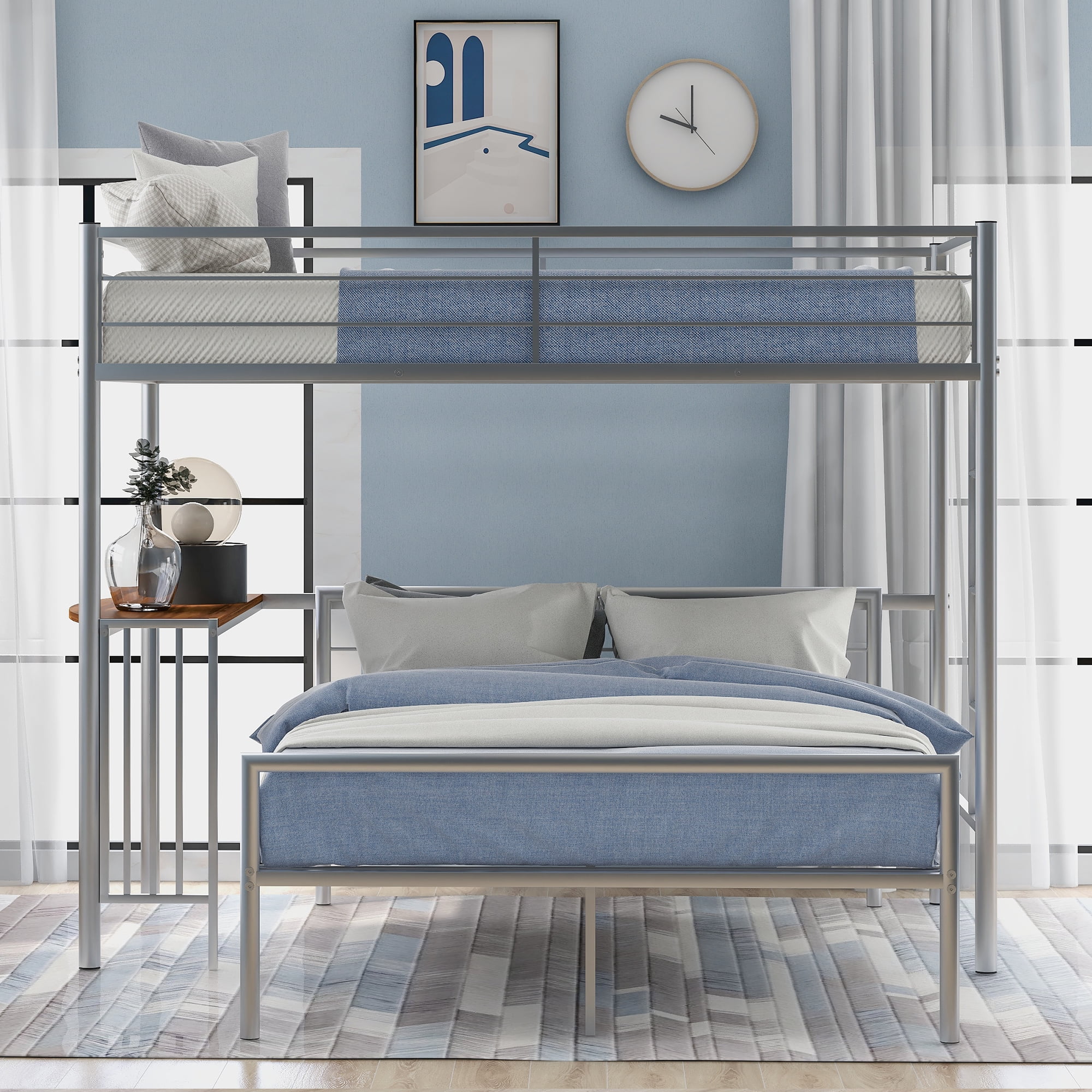 Kepooman Twin Over Full Metal Bunk Bed with Desk & Ladder for Bedroom Dorm, 78"L x 41"W x 65"H, Silver Kepooman Twin Over Full Metal Bunk Bed with Desk & Ladder for Bedroom Dorm, 78"L x 41"W x 65"H, Silver