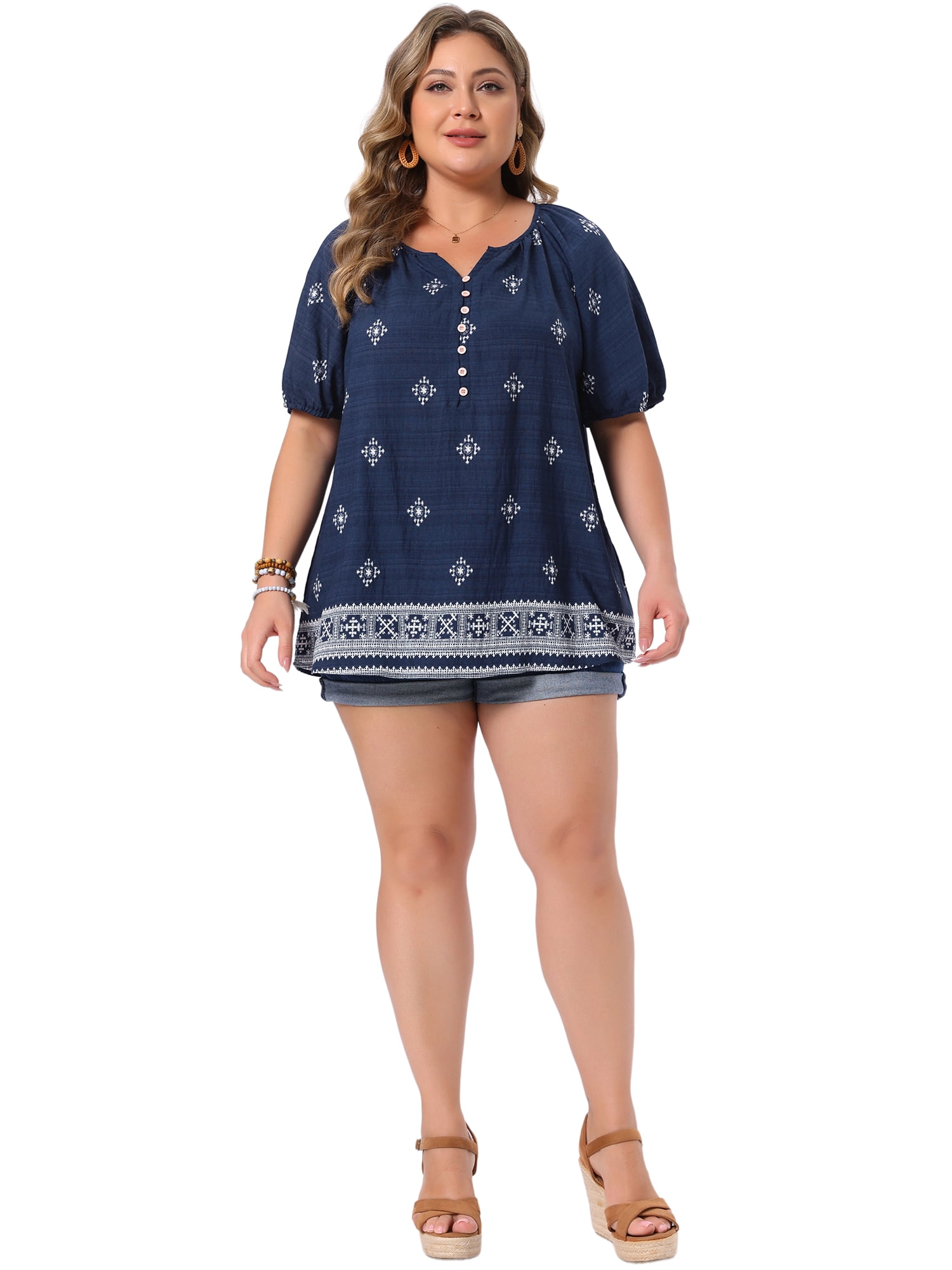 DARING DIVA Women's Plus Summer Top V Neck Short Sleeve Blouses 1X Navy Blue