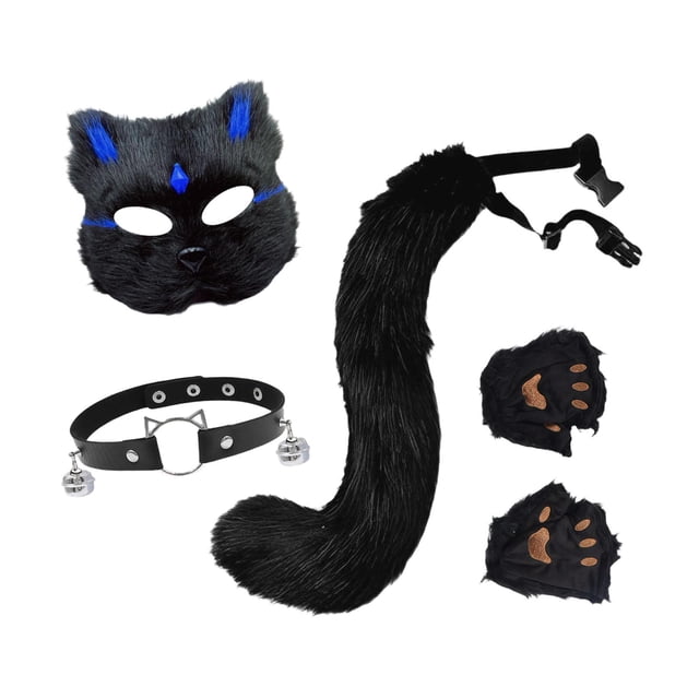 Conjunto de máscara y cola de gato y zorro, disfraz de cosplay para Navidad, disfraces de cumpleaños Negro Azul
