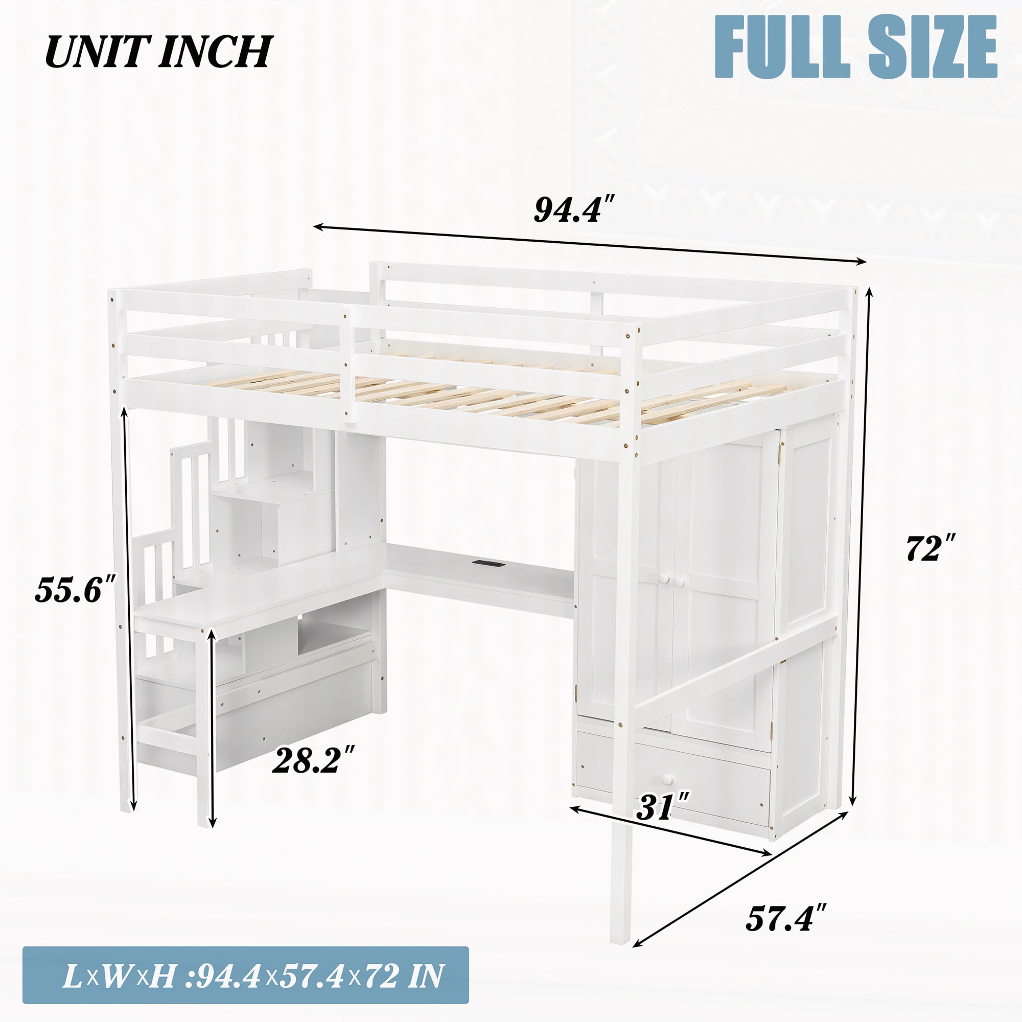 Sailvan Loft Wood Bed with Desk, Bookshelves and Wardrobe with Doors and Drawer