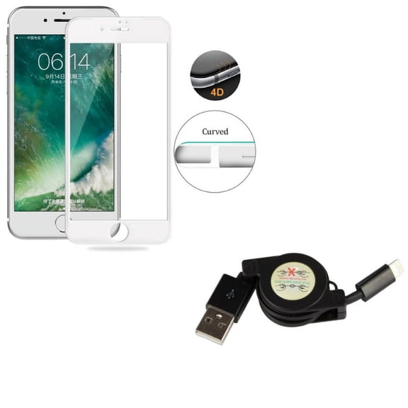 iPhone 8/7/6S/6 - Retractable USB Cable w Tempered Glass Screen Protector - Charger Power Cord Sync Wire, 4D Touch Curved Edge Full Cover Bubble Free Case Friendly for iPhone 8/7/6S/6