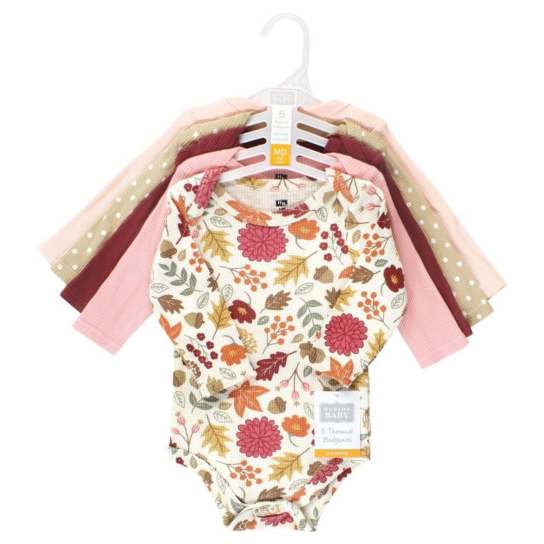 Hudson Baby Infant Girl Thermal Long Sleeve Bodysuits, Acorn Botanical, 3-6 Months