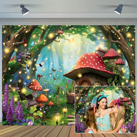 Mushroom Forest Backdrop, 7 x 5 ft Enchanted Fairytale Forest Background Kids Magic Forest Jungel Woodland Photography Backdrop Banner for Baby Shower Birthday Party Photo Props Decor