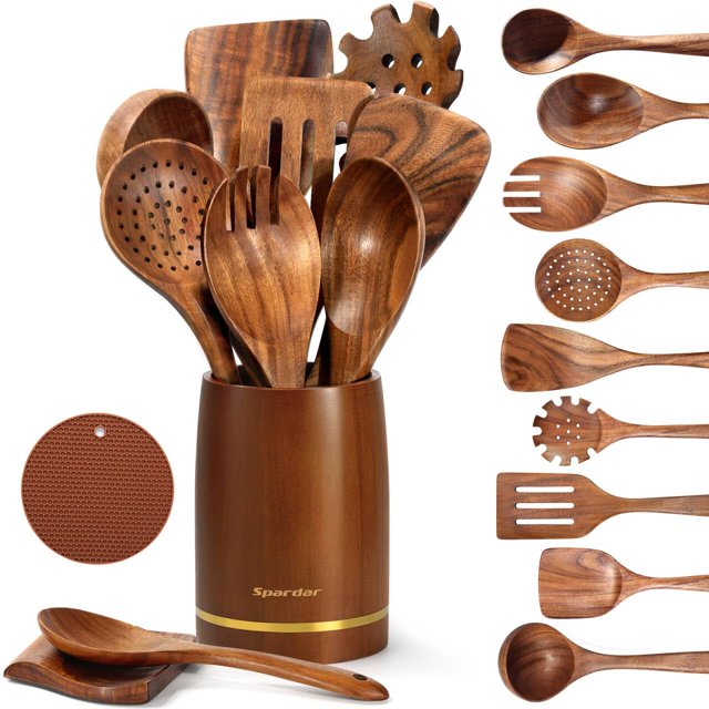 Spardar Cucharas Cocina, 12 Piezas Cucharas de Madera para Cocinar, 9 Cucharas de Cocina de Teca, Reposacucharas, Soporte para Ollas, Ideal Como Decoración de Cocina y Regalo de Inauguraci&