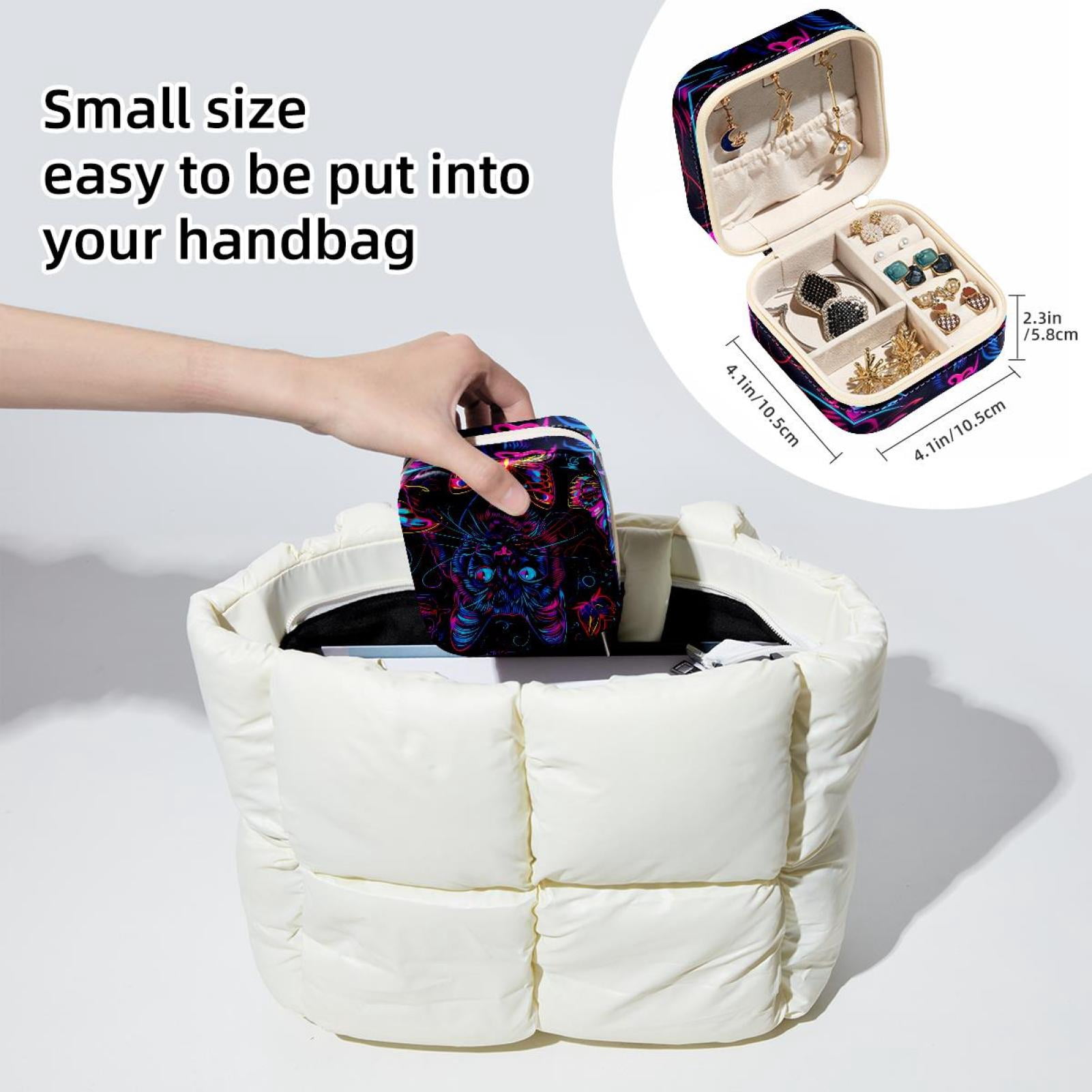 PhooArto Small Jewellery Box, Neon Cat Butterflies Pattern Portable Travel Mini Jewelry Case for Women Leather Ring Organizer