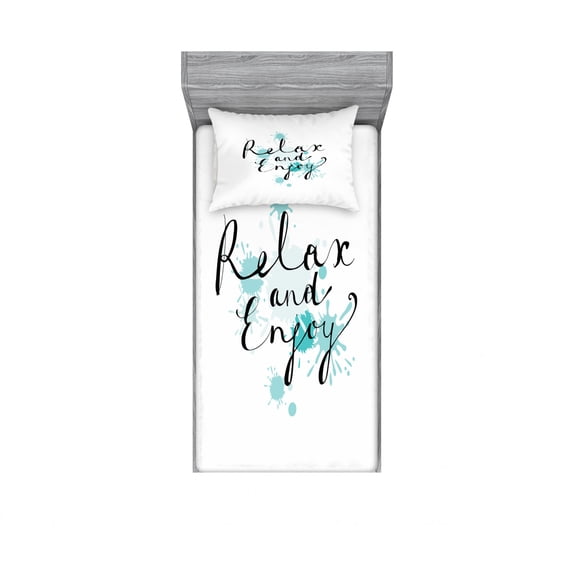 Saying Bedding Set with Sheet & Covers, Modern Typographic Style Relax and Enjoy Message with Ink Splatter, Printed Bedroom Decor 2 Shams, 4 Sizes, Baby Blue Black, by Ambesonne