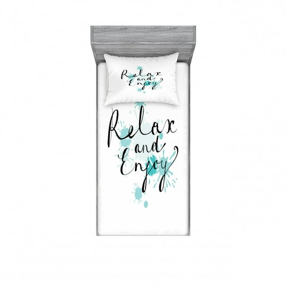 Saying Bedding Set with Sheet & Covers, Modern Typographic Style Relax and Enjoy Message with Ink Splatter, Printed Bedroom Decor 2 Shams, 4 Sizes, Baby Blue Black, by Ambesonne