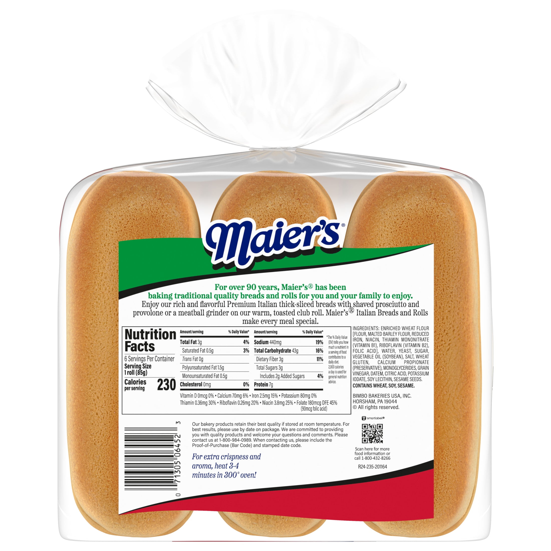 Maier's Premium Italian Plain Hoagie Rolls, 6 count, 18 oz