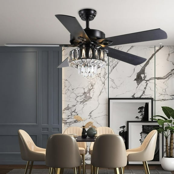 GMizon 52-inch Retro American Country Style Ceiling Fan Light, Bedroom Leaf Crystal Ceiling Fan Light, Suitable for Living Room and Dining Room Chandelier Ceiling Fan (Black)