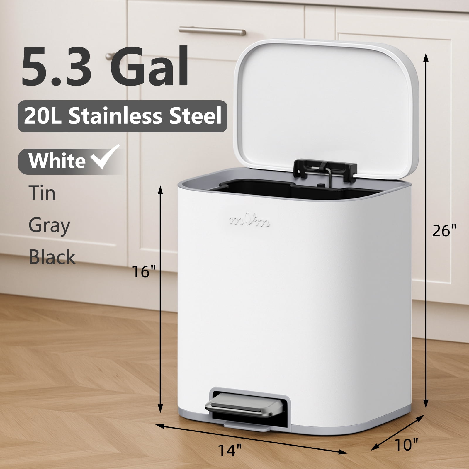 mVm Stainless Steel Trash Can, 5.3 Gal Trash Can with Lid, Smooth Edge Step Garbage Bin for Home Kitchen Office (White)