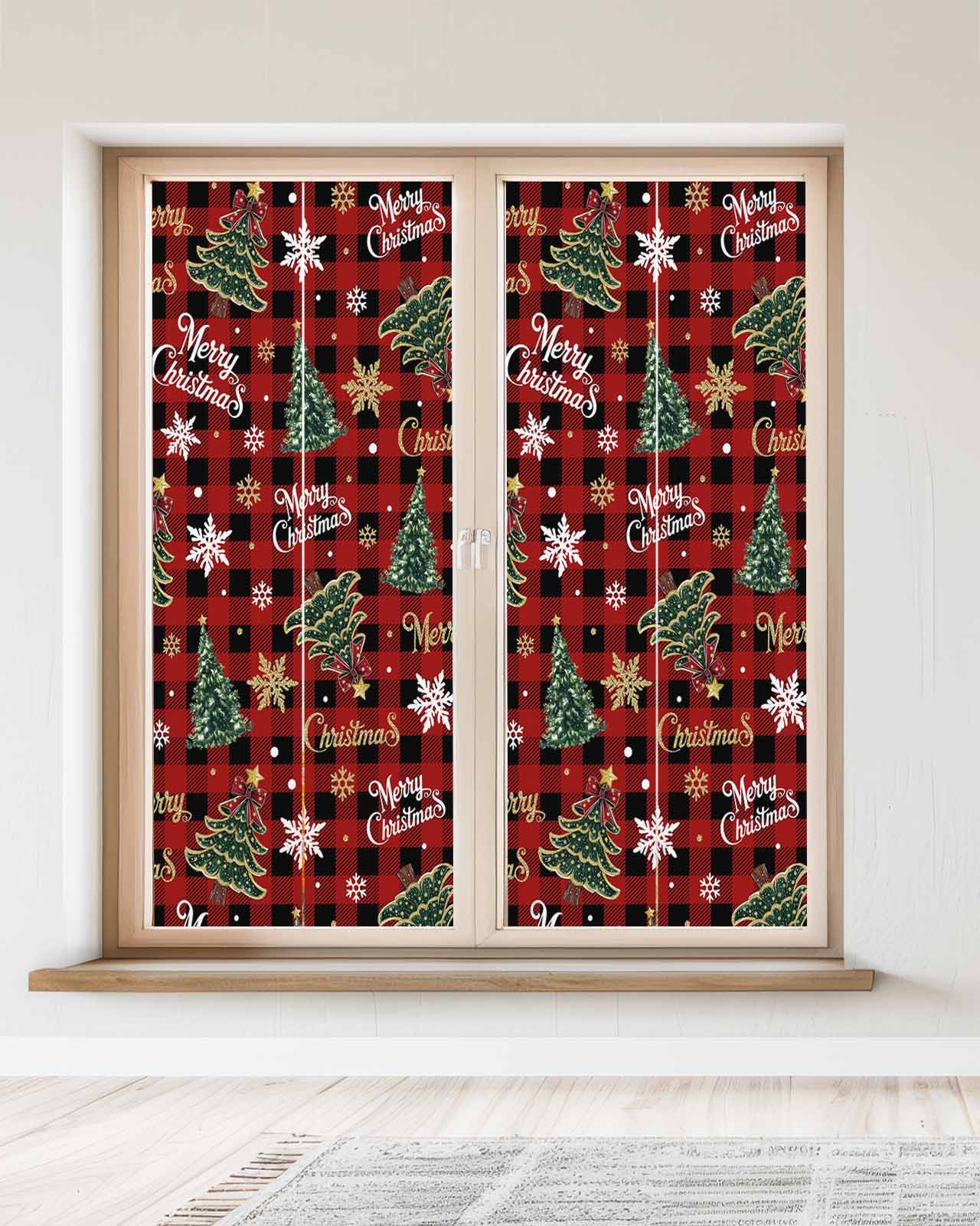 Christmas Window Privacy Film Stained Glass Window Film Decorative Windows Cover Static Windows Cling for Glass Door Pine Tree Gold White Snowflake Red Black Plaid Stickers for Bathroom 23.6"x59"