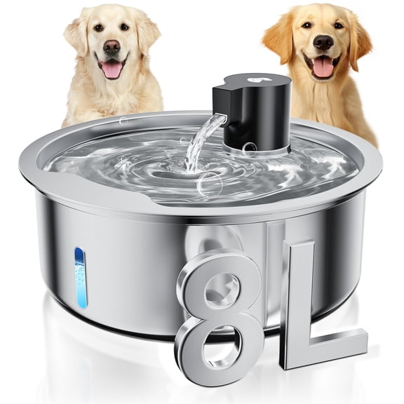 Dog Water Fountain, 8L Stainless Steel Dog Water Fountain for Large Dogs, Dog Water Bowl Dispenser, Super Quiet Pump and Replacement Filters for Cats and Dogs