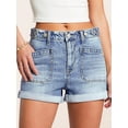 thumbnail image 3 of EMMIOL Women's Mid-Rise Stretchy Denim Hot Shorts Y2K Vintage Washed Rolled Hem Jean Shorts with Adjustable Waist and Patch Pockets, 3 of 10