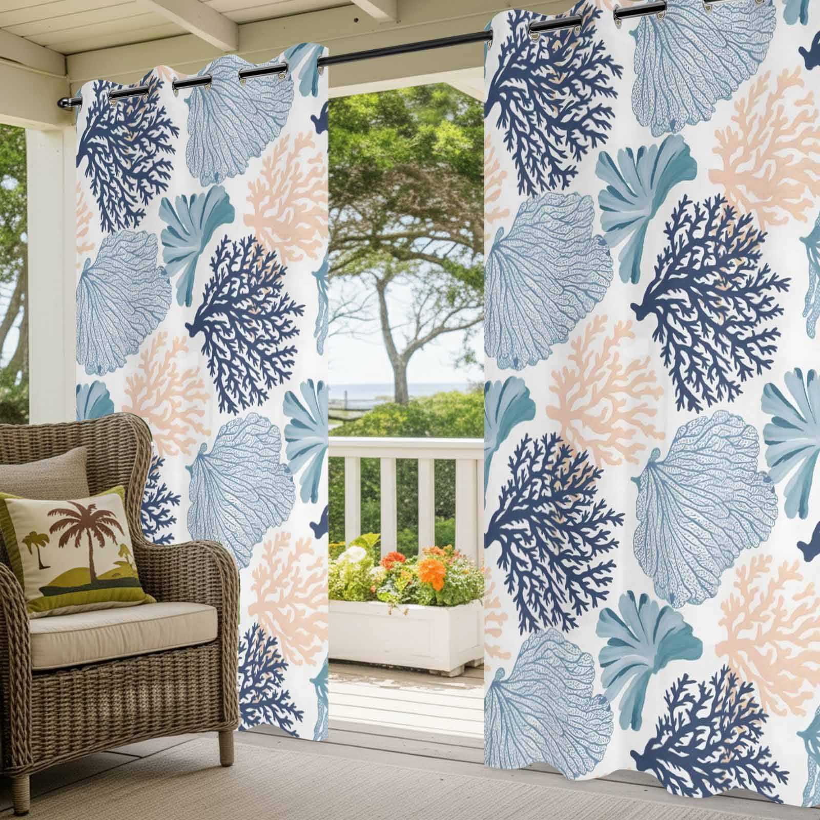 Ocean Coral Outdoor Curtains for Patio, Teal Beige Coral Reef Sea Fan Underwater Plants Sunshade Privacy Drapes Grommet Waterproof Outside Curtains for Porch/Cabana/Balcony 54"x 108", 1 Panel