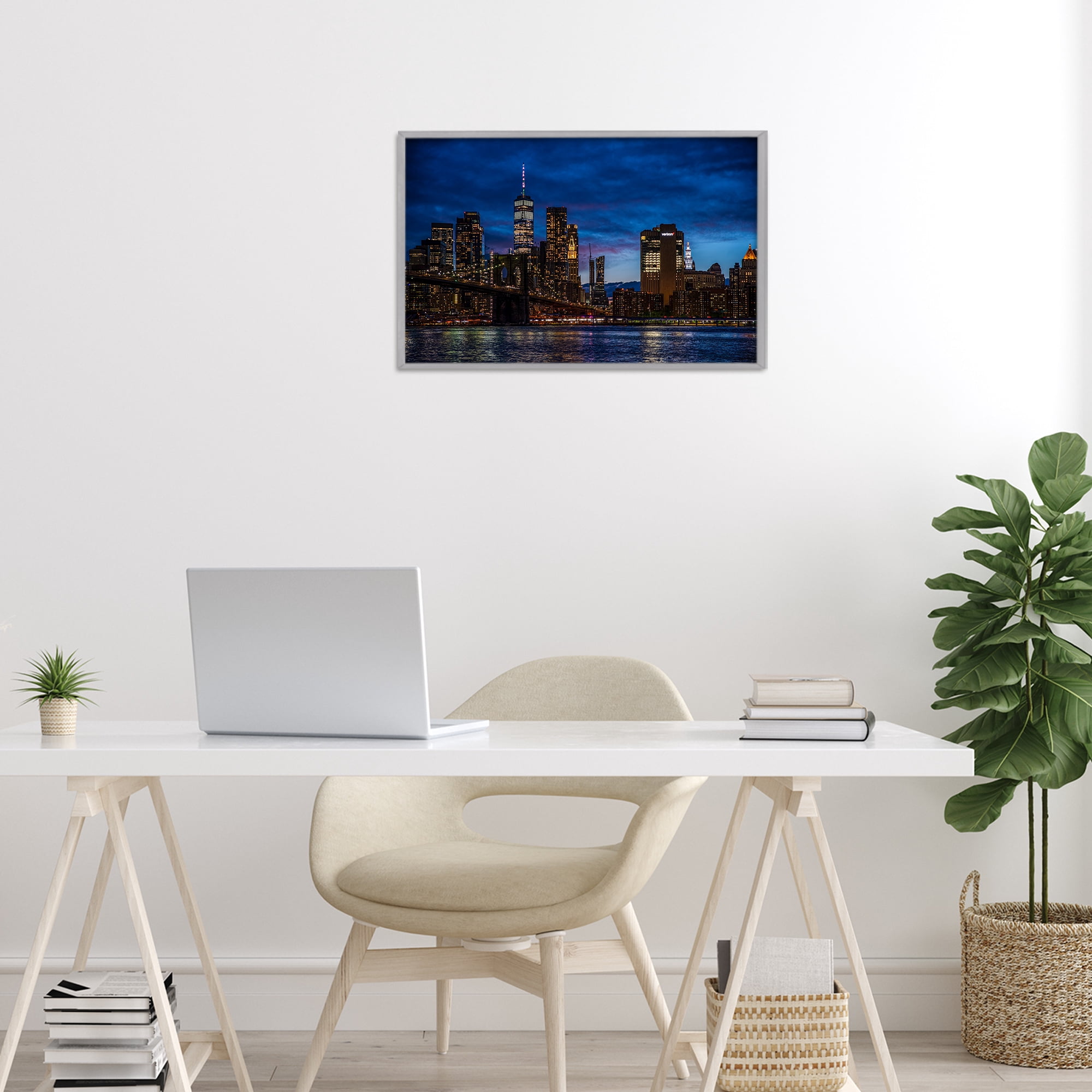 Stupell Industries Brooklyn Bridge at Night Gray Framed Giclee Art, design by Tim West