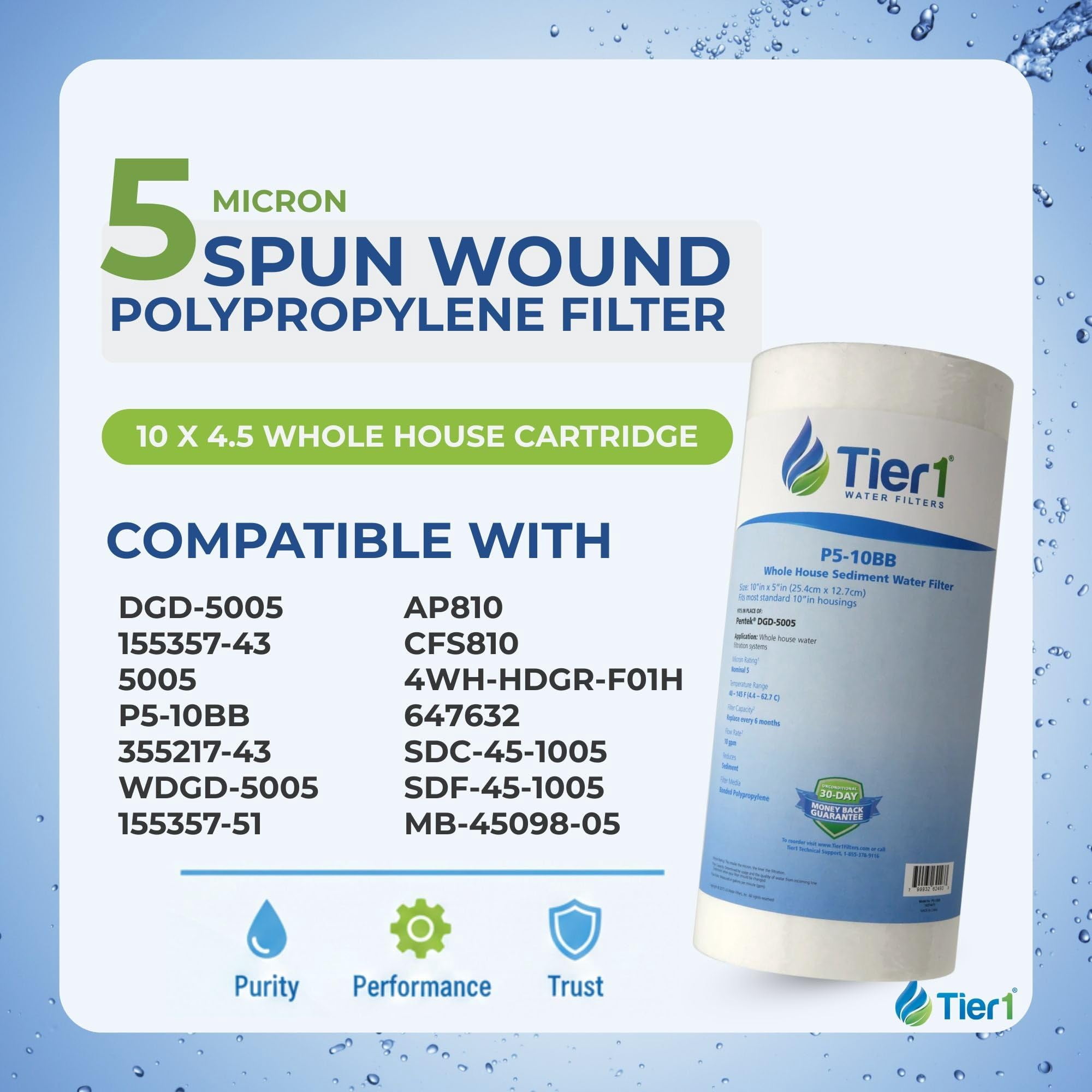 Tier1 5 Micron 10 Inch x 4.5 Inch | 4-Pack Spun Wound Polypropylene Whole House Sediment Water Filter Replacement Cartridge | Compatible with Pentek DGD-5005, 155357-43, WDGD-5005, Home Water Filter