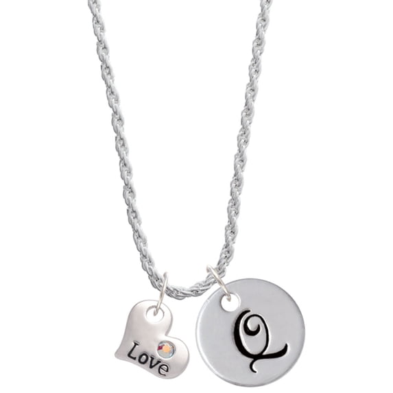 Delight Jewelry Love Heart with AB Crystal Silvertone Script Initial Disc - Q - Charm Necklace, 20"+3"