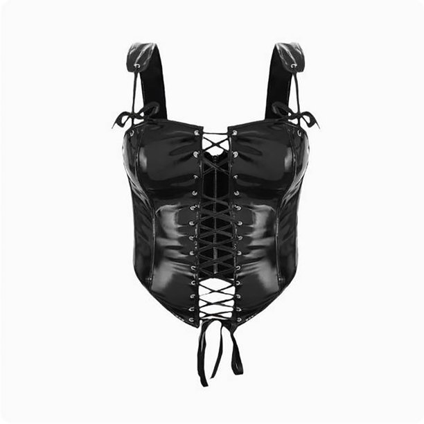 Body moldeador de piel brillante para mujer, a la moda, con tirantes y corsé de corte con cuerda atada.