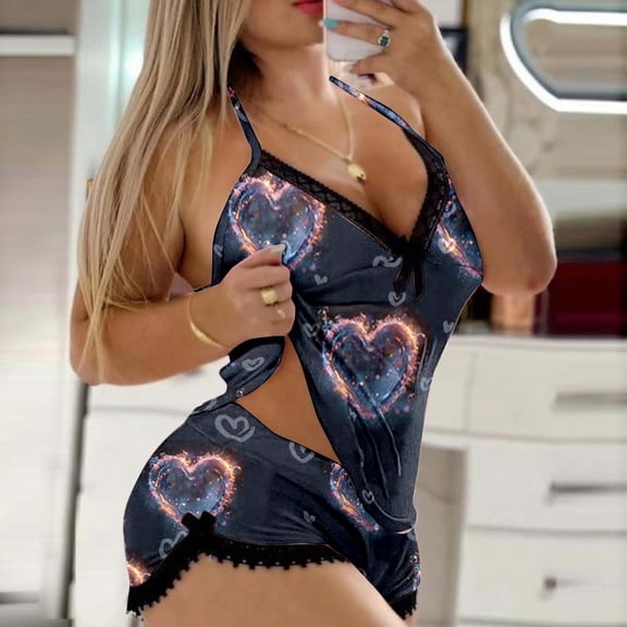 Hpapadks Pajamas for Women Casual Homewear Cozy Hearts Print Sleeveless Camisole Shorts Loungewear Set Womens Pjs Black L