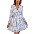 thumbnail image 1 of Vestido estampado con cuello en V para mujer Vestido de cintura alta con vuelo y mangas largas Vestido con cintura elástica Blanco M, 1 of 7