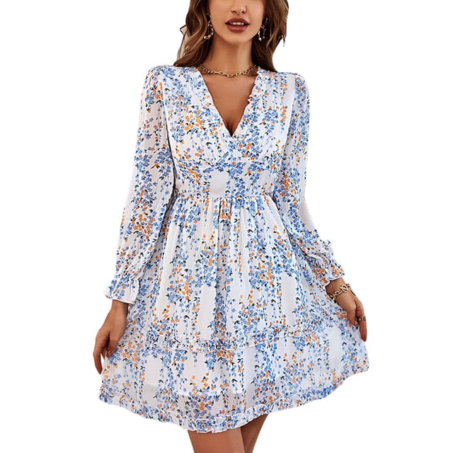 Vestido estampado con cuello en V para mujer Vestido de cintura alta con vuelo y mangas largas Vestido con cintura elástica Blanco M