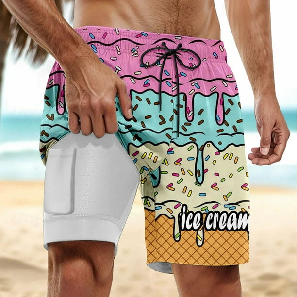 WILLBEST Pantalones Cortos Deportivos para Hombre, para Fiestas de Verano En La Piscina y Playa, Bañador de Doble Capa con Estampado de Hielo Derretido para Días de Playa y Uso Cómodo.