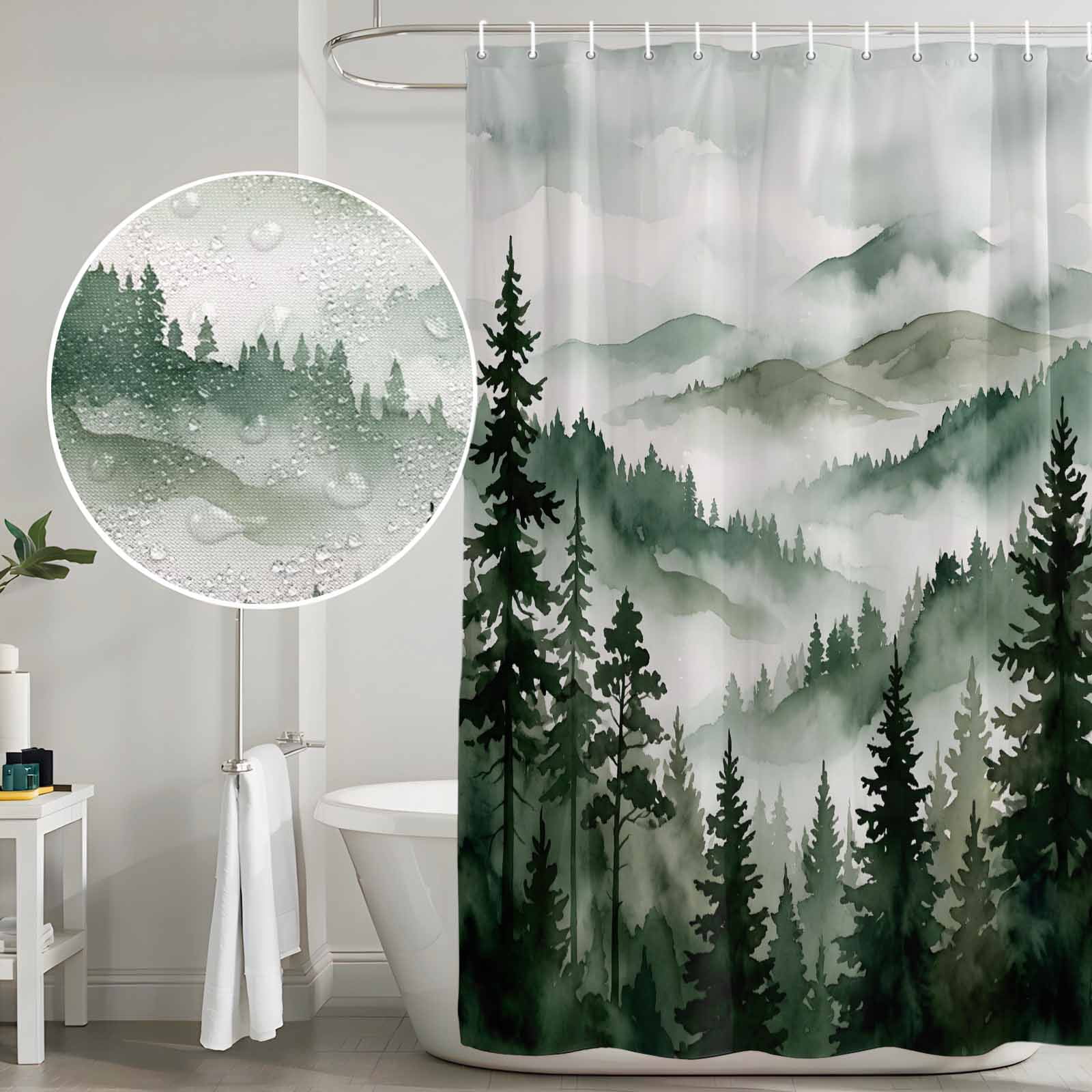 Shower Curtain Bathroom Set Forest Green Gradient Tree Mountain Waterproof Fabric Shower Curtains with Grommets&Hooks, Natural Scenery Privacy Bath Curtain for Bathtub 36x72in